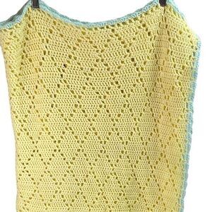 Crocheted Open Knit Infant Baby Blanket Handmade Yellow Blue Trim 62 X 62